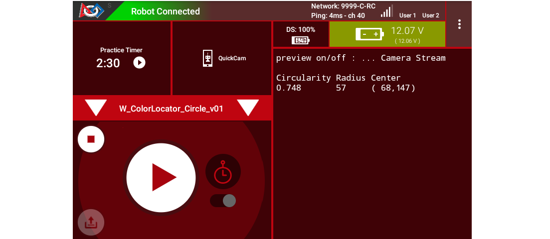 Image showing circle fit telemetry output on Driver Station App