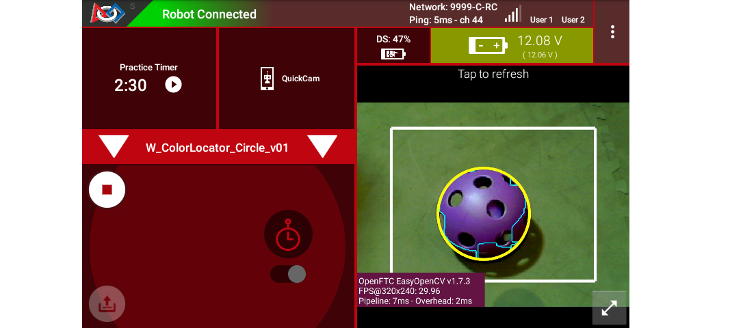 Image showing circle fit camera stream output on Driver Station App with purple artifact