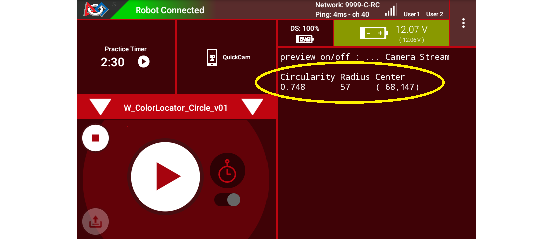 Image with a circle around the Circularity telemetry data