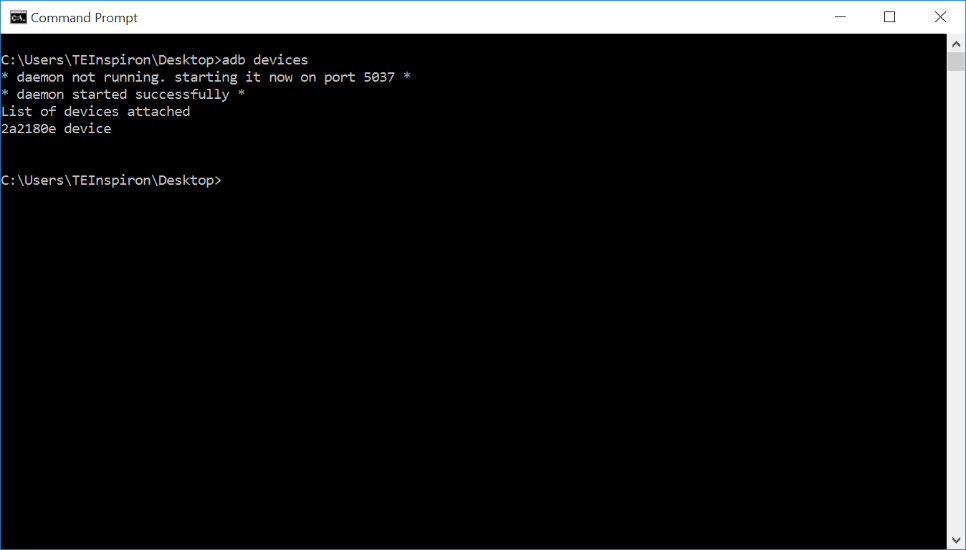 Command Prompt output of adb devices starting the ADB daemon and listing one attached device.