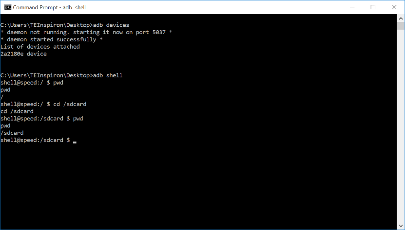 ADB shell session after cd /sdcard and pwd, showing /sdcard as the new working directory.