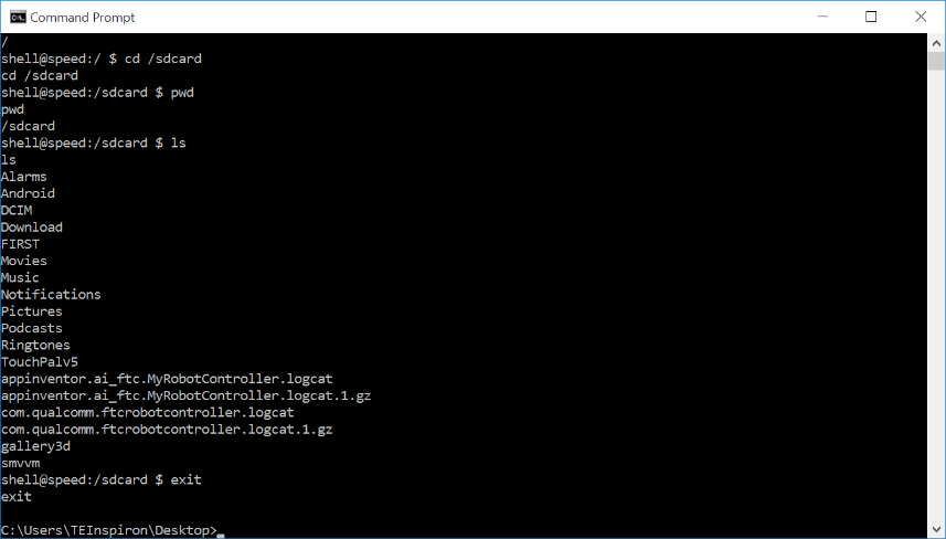 ADB shell session after typing exit, returning to the Windows Command Prompt.