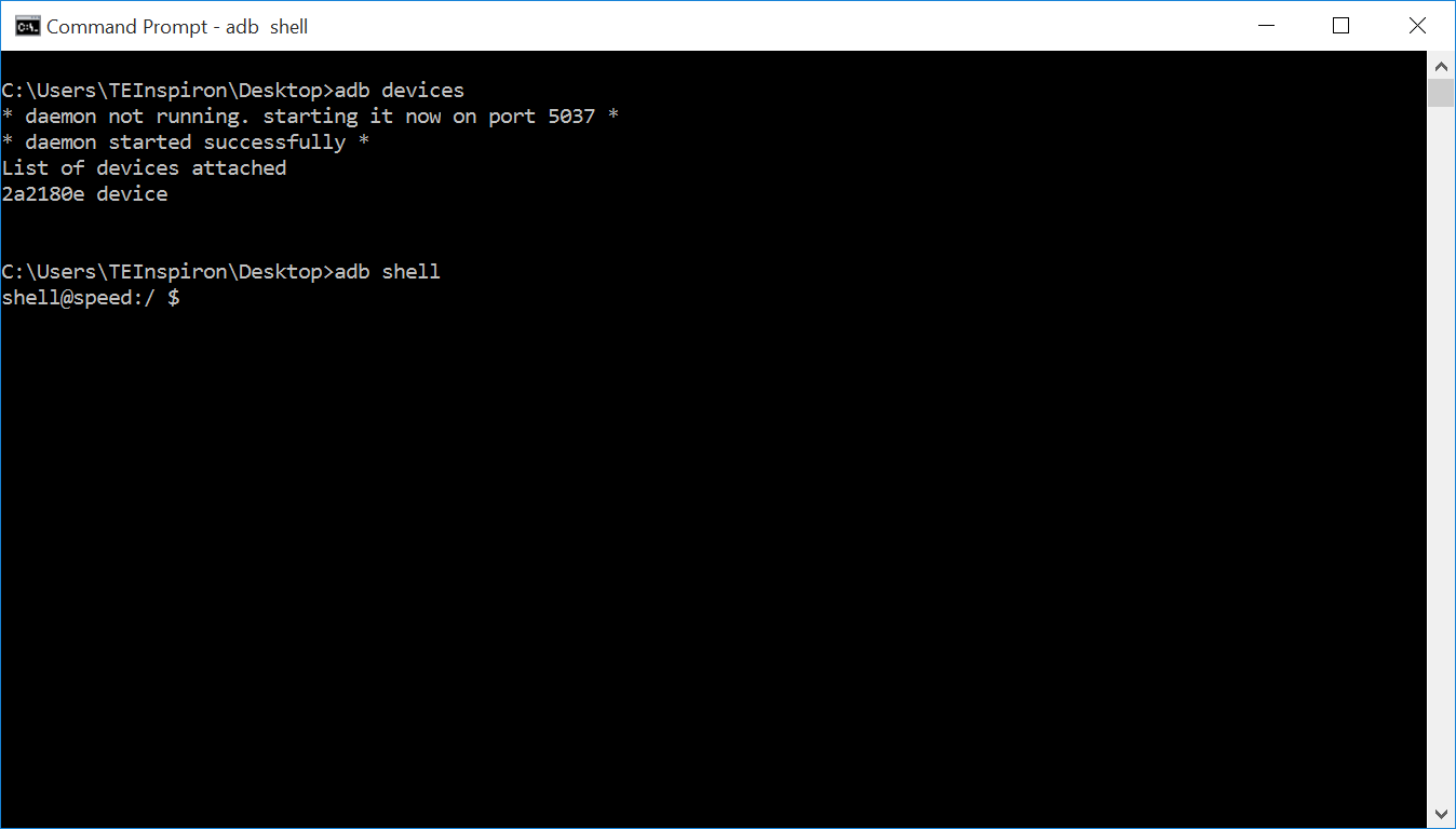 Command Prompt after running adb shell, with the prompt changed to shell@speed:/ $.
