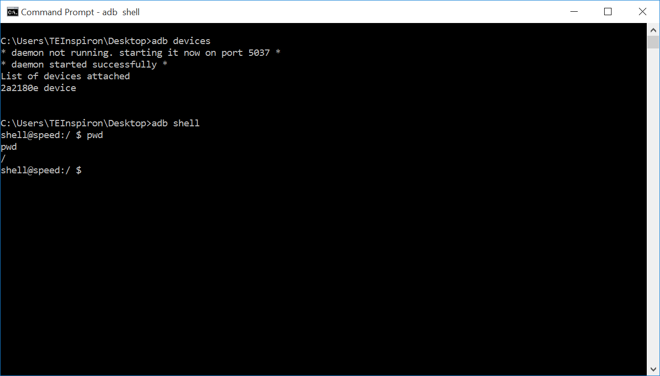 ADB shell session running pwd, printing the root directory / as the current working directory.