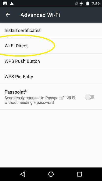 Advanced Wi-Fi menu with the Wi-Fi Direct option circled.