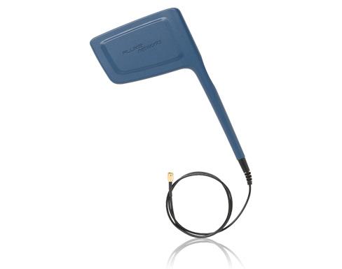 Blue paddle-shaped directional antenna with a coiled cable and connector.