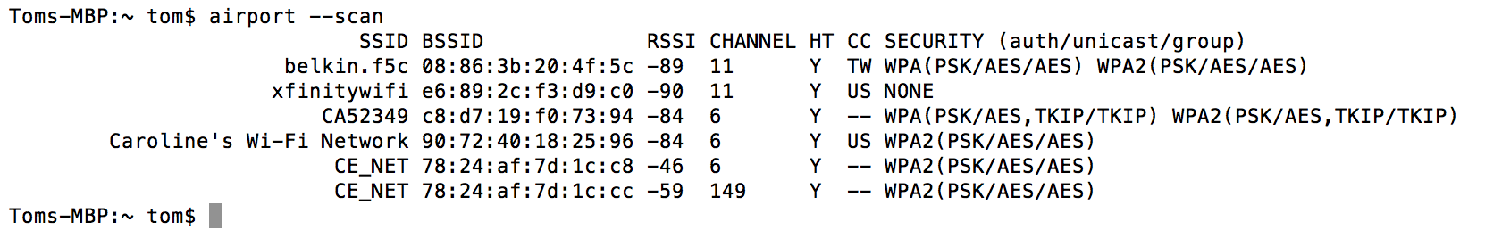 Mac terminal output of the airport --scan command, listing SSID, BSSID, signal strength, channel, and security for nearby networks.