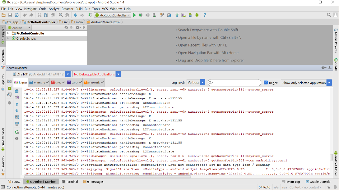 Android Studio's Android Monitor window showing verbose logcat output from a connected device.