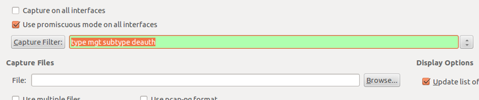 Capture Filter text box with a green background containing the text type mgt subtype deauth.