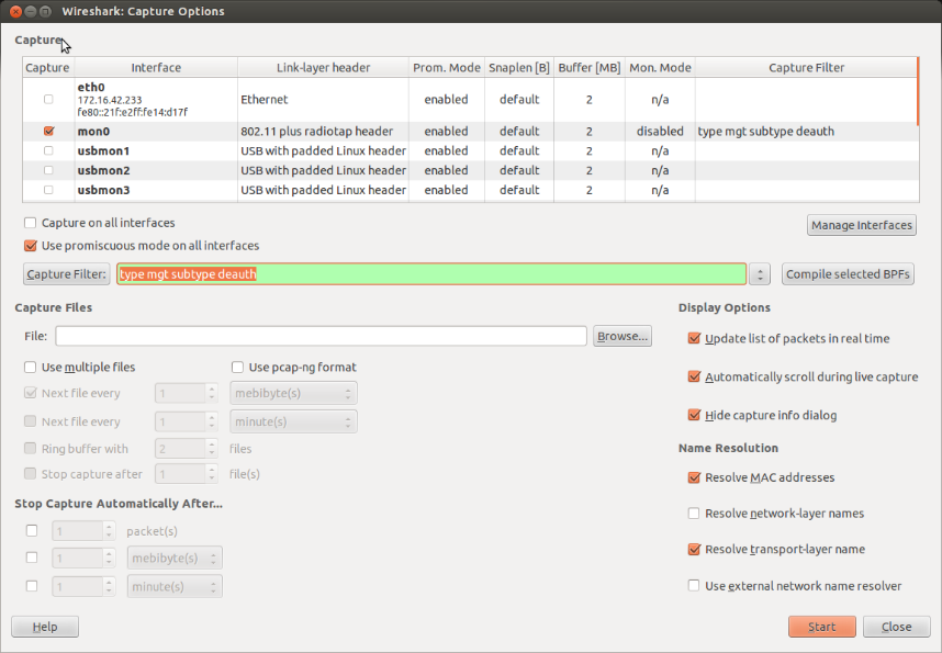 Capture Options window listing eth0, mon0, and several usbmon interfaces, with mon0 checked and its capture filter set to type mgt subtype deauth.
