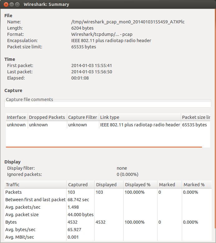 Wireshark Summary dialog showing 103 packets captured over about 69 seconds, with an IEEE 802.11 plus radiotap encapsulation.