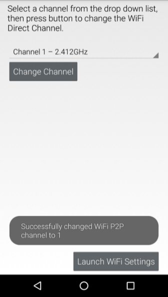 Change Wifi Channel screen showing a confirmation message that the channel changed successfully.