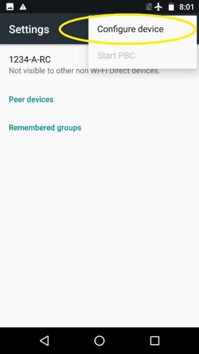 Overflow menu with the Configure device option enabled and circled.