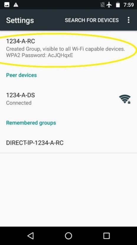 Wi-Fi Direct screen with the created group entry circled.
