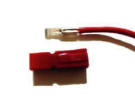A crimped ferrule terminal on a red wire next to its red plastic Anderson Powerpole housing.