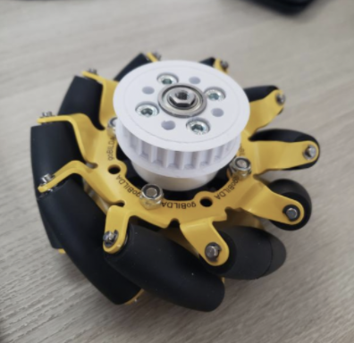 3d printed Pulley with a custom bearing mount on a mecanum wheel