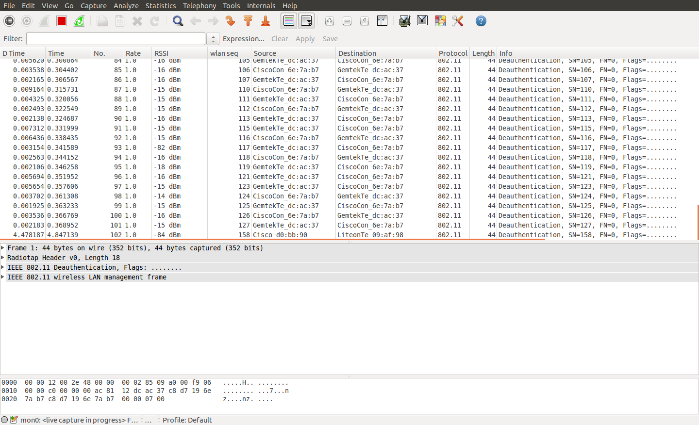 Wireshark packet list showing a long series of IEEE 802.11 Deauthentication frames with RSSI, source, and destination columns.
