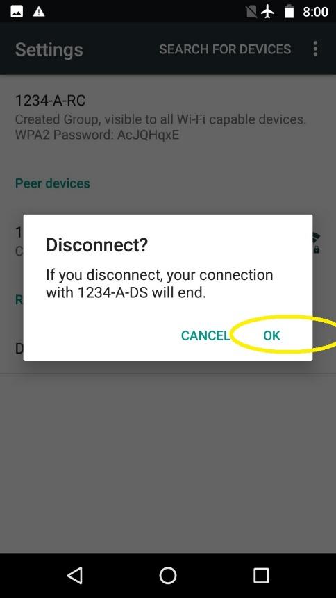 "Disconnect?" confirmation dialog with the OK button circled.
