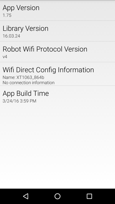 About screen listing App Version 1.75, Robot Wi-Fi Protocol Version v4, and no active Wi-Fi Direct connection for device XT1063_864b.