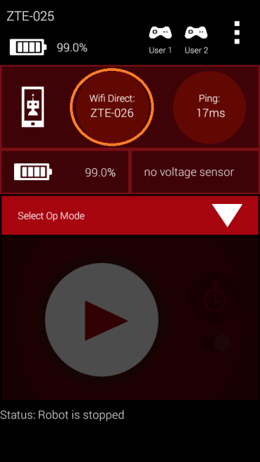 Driver Station main screen showing Wifi Direct connected to the Robot Controller with a ping time displayed.