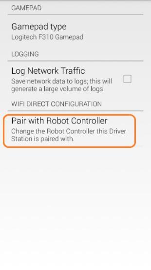 Driver Station Settings menu with Pair with Robot Controller listed under Wifi Direct Configuration.