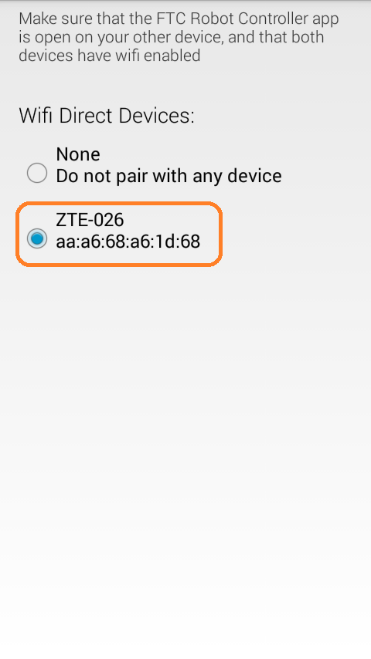 Pair with Controller screen with a Robot Controller device selected from the list of available devices.