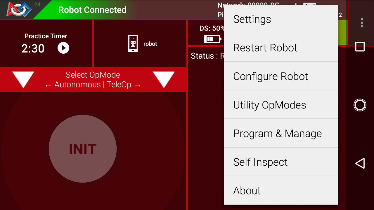 Driver Station menu where Utility OpModes can be found