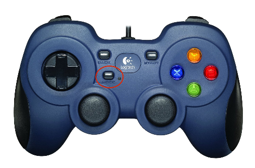 Logitech F310 gamepad with the MODE button, located below the D-pad, circled in red.