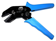Blue-handled ferrule crimping tool.