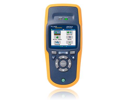 Older yellow and blue Fluke Networks AirCheck Wi-Fi Tester with a color screen and directional keypad.