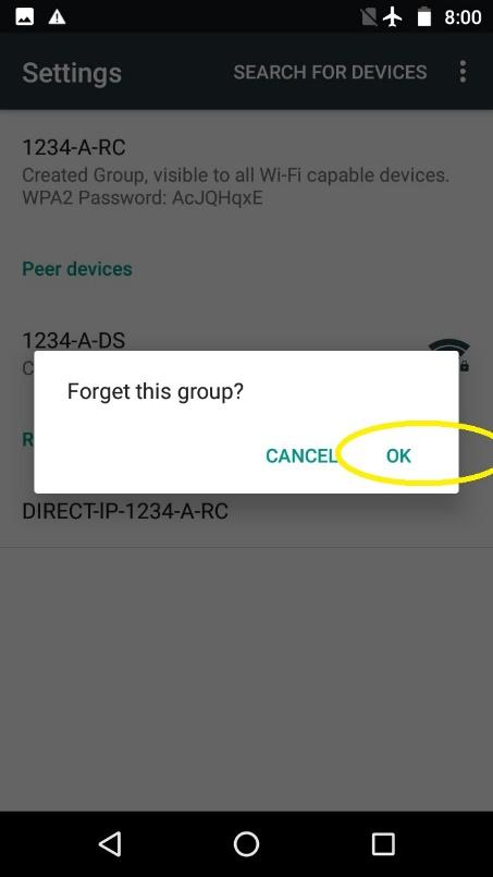 "Forget this group?" confirmation dialog with the OK button circled.