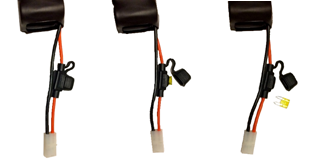 Three ATM fuses shown with wires attached, illustrating the fuse being removed from a battery lead.