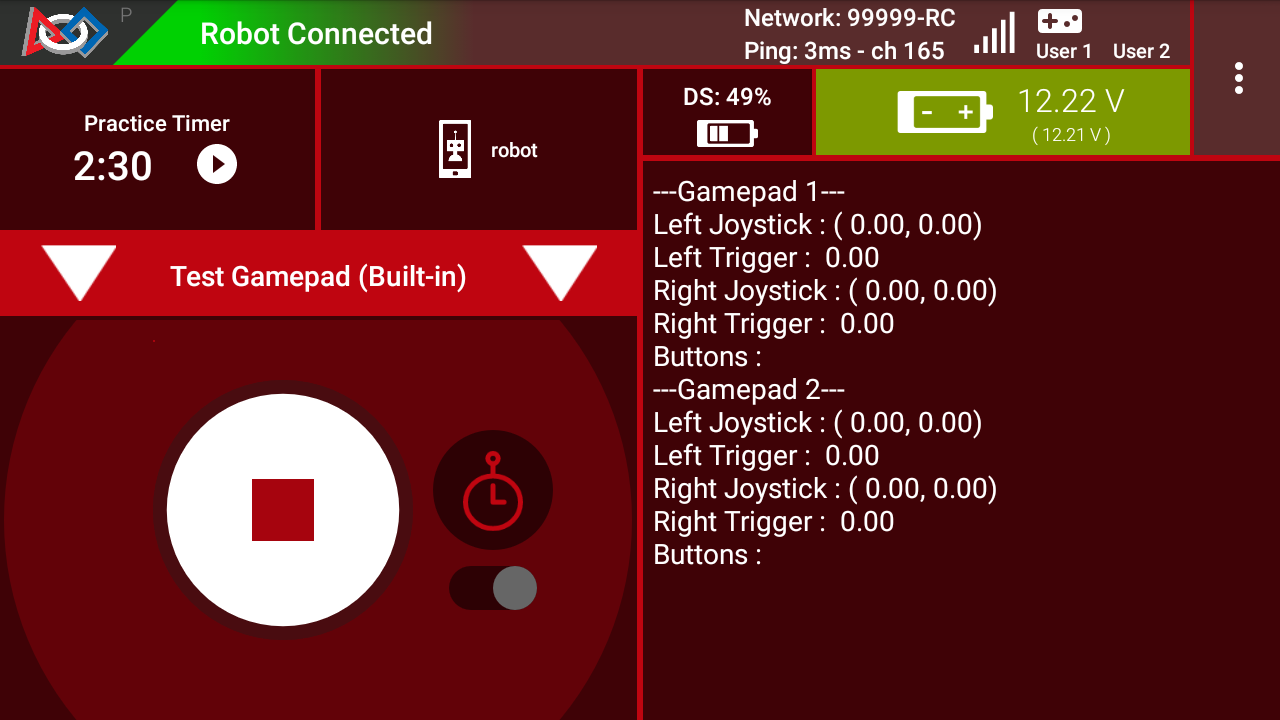 The Driver Station app running the Test Gamepad Utility OpMode