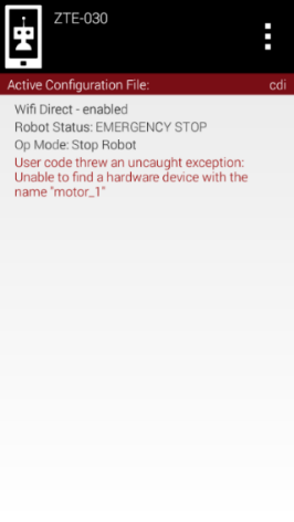 Driver Station error screen reading unable to find a hardware device with the name motor_1, shown in red text below the Op Mode status.