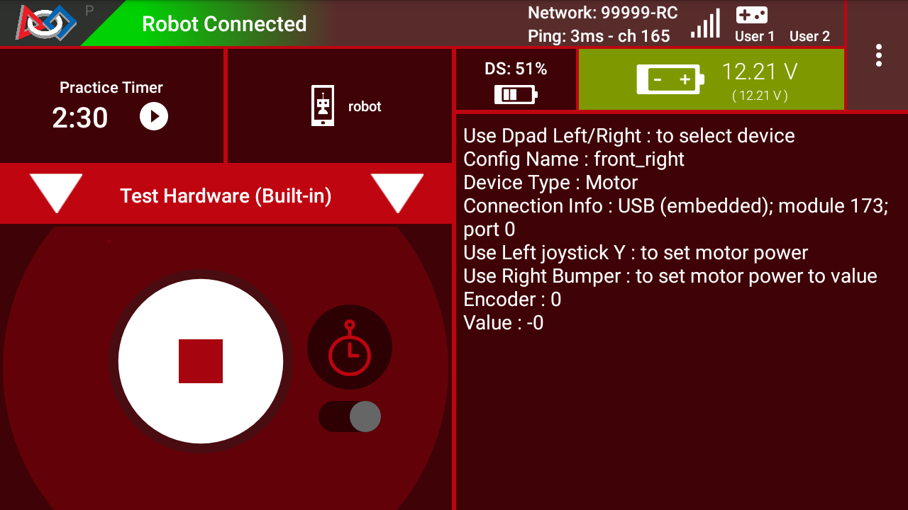 The Driver Station app running the Test Hardware Utility OpMode