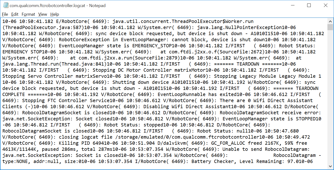 Log file opened in Notepad showing dense, unformatted text with no visible line breaks.