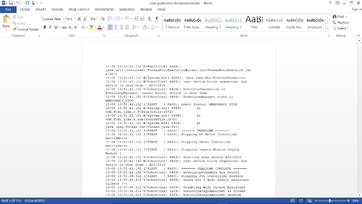 Log file opened in Microsoft Word showing readable, line-wrapped monospace text.