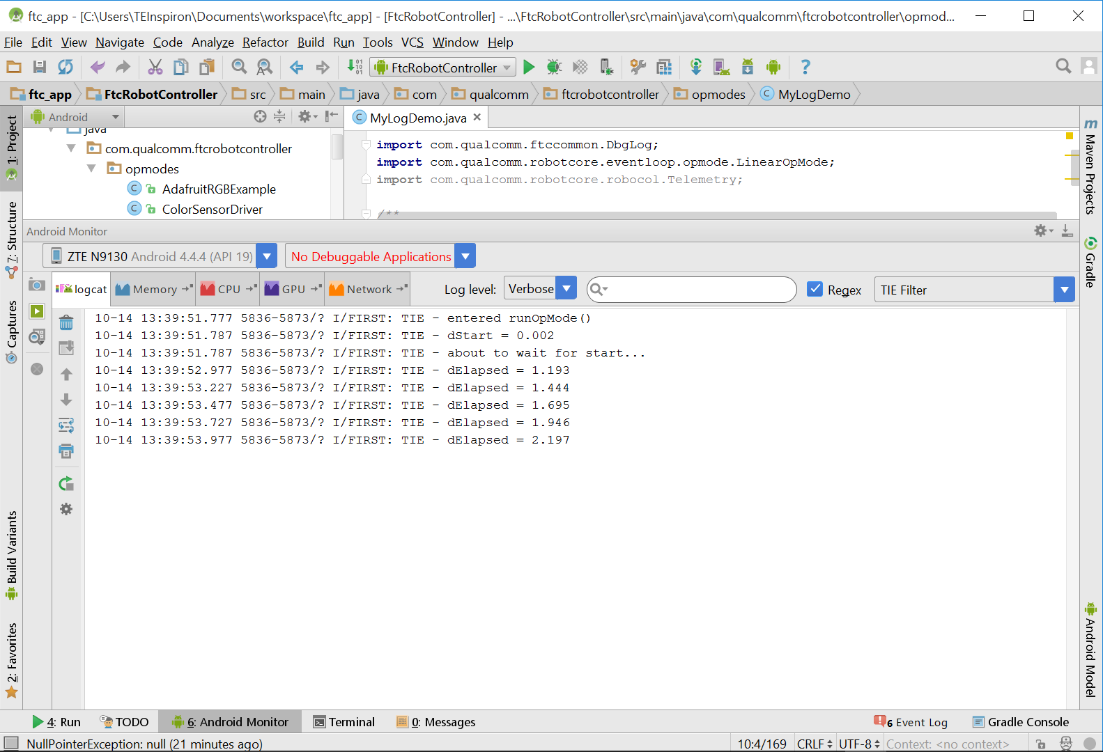 Android Studio logcat filtered by the TIE filter showing only log lines containing TIE.