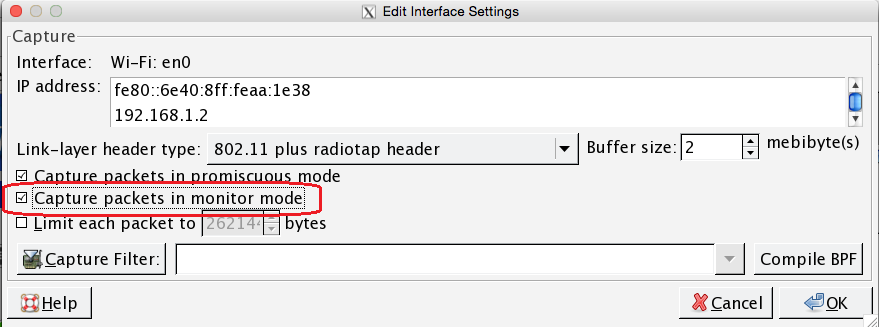 macOS Edit Interface Settings dialog for Wi-Fi en0, with the Capture packets in monitor mode checkbox checked and circled.
