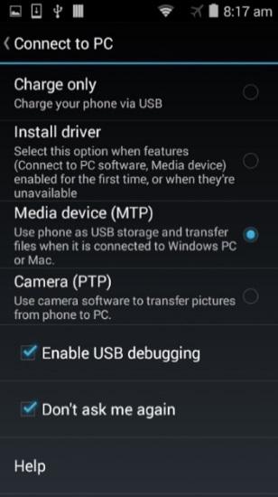 Android USB connection settings with Media device (MTP) selected and USB debugging enabled.
