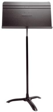 Black folding metal music stand with an adjustable pole and four-legged base.