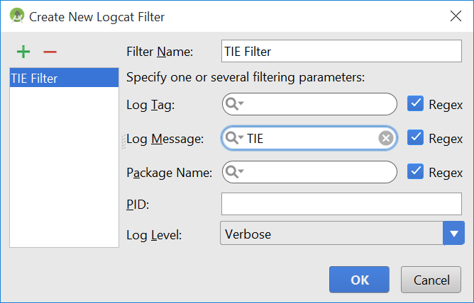 Create New Logcat Filter dialog with filter name TIE Filter and log message set to TIE.