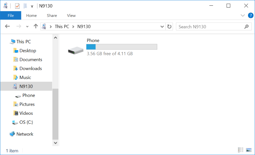 Windows File Explorer showing the phone listed as a media device named N9130 under This PC.