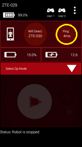 Driver Station app screen with the ping value of 4 milliseconds highlighted near the top of the display.