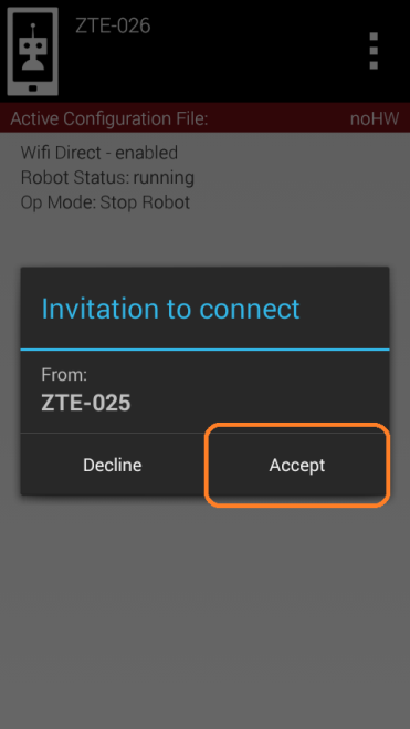 Robot Controller screen showing an incoming connection invitation with the Accept button highlighted.