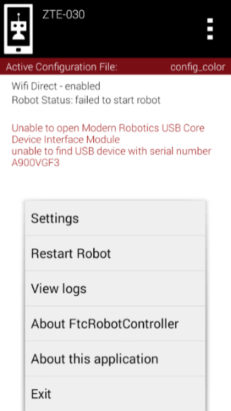 FTC Robot Controller app menu listing Settings, Restart Robot, View logs, and About options below a red error status message.