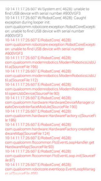 Robot Controller log viewer screen displaying red error lines about a missing USB device and RobotCore exceptions.