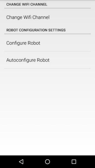 Robot Controller app Settings menu showing the Change Wifi Channel option.