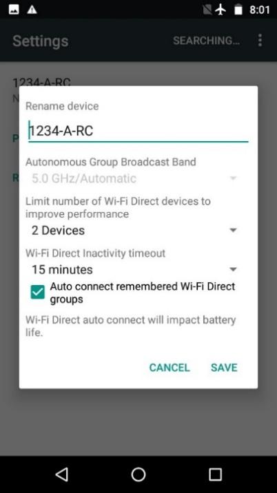 Rename device dialog with a text field for the device name plus options for broadcast band, device limit, and inactivity timeout.