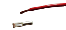 A red wire with the insulation stripped back to expose bare copper strands, next to a crimp terminal.